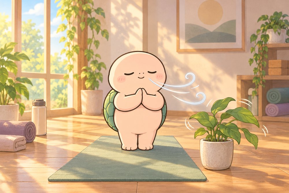 合掌して深い呼吸から始めるナビ助