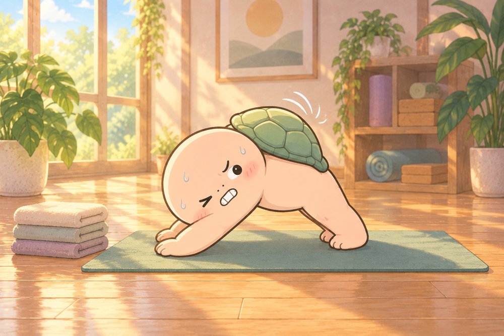 汗をかきながら下向きの犬のポーズをするナビ助