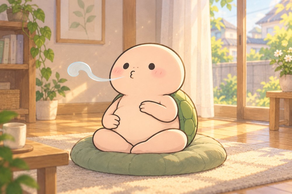 おなかに手を当てて腹式呼吸をするナビ助
