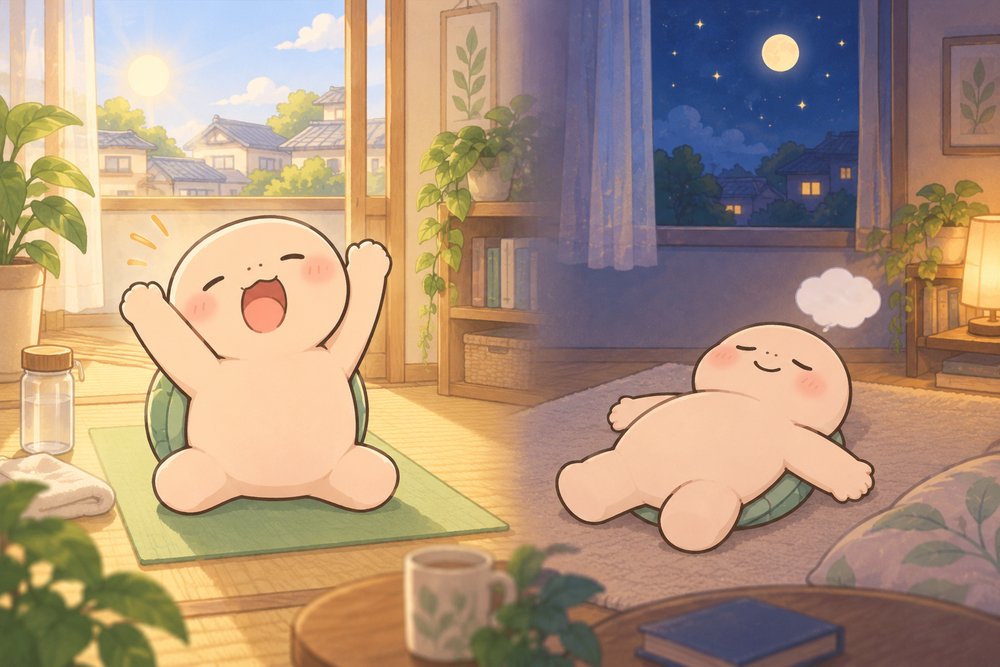 朝はのびをして夜は力を抜いて休むナビ助