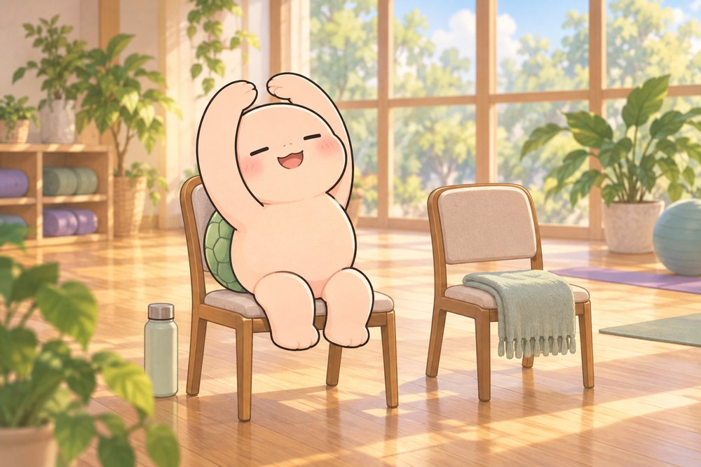 いすに座ってチェアヨガをするナビ助
