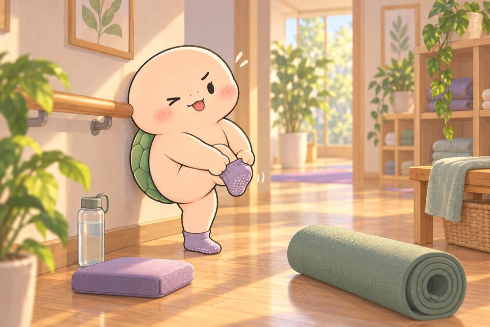 すべり止め付きの靴下をはいてヨガの準備をするナビ助