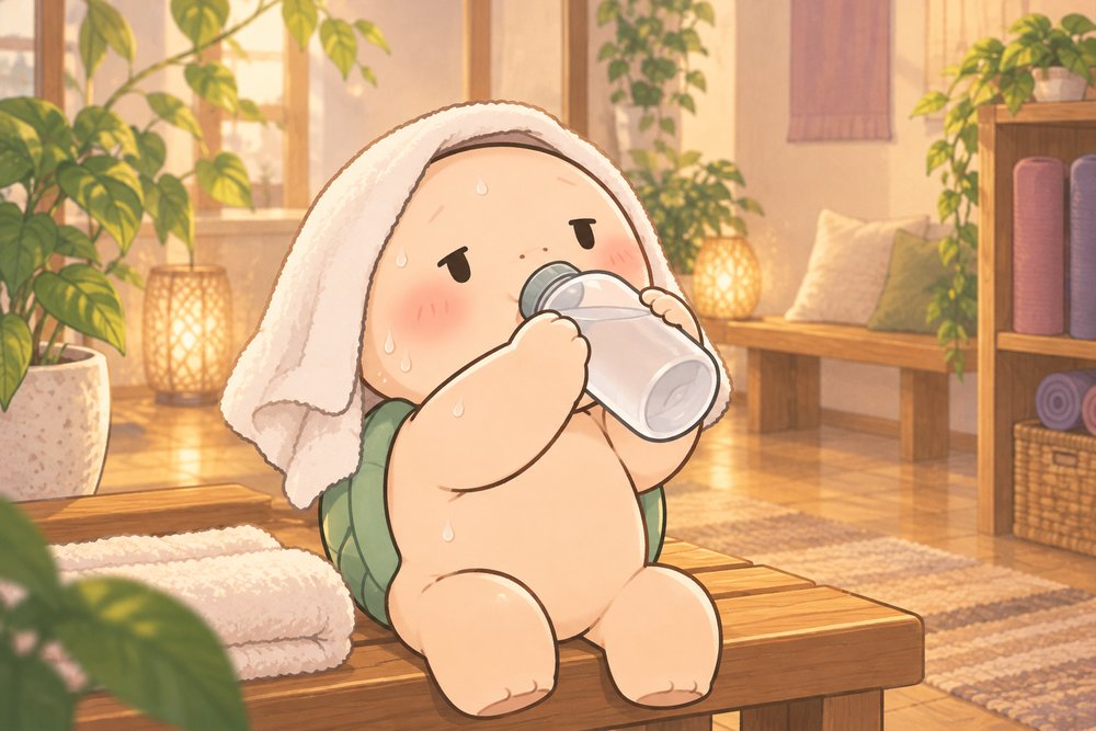 レッスン後に水分補給するカメのナビ助