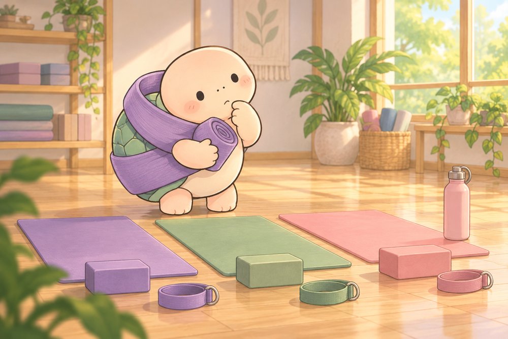 ヨガマットを抱えてどれにするか考えるカメのナビ助