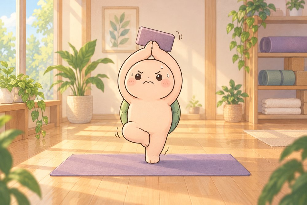 木のポーズでブロックを頭にのせてぷるぷるするカメのナビ助