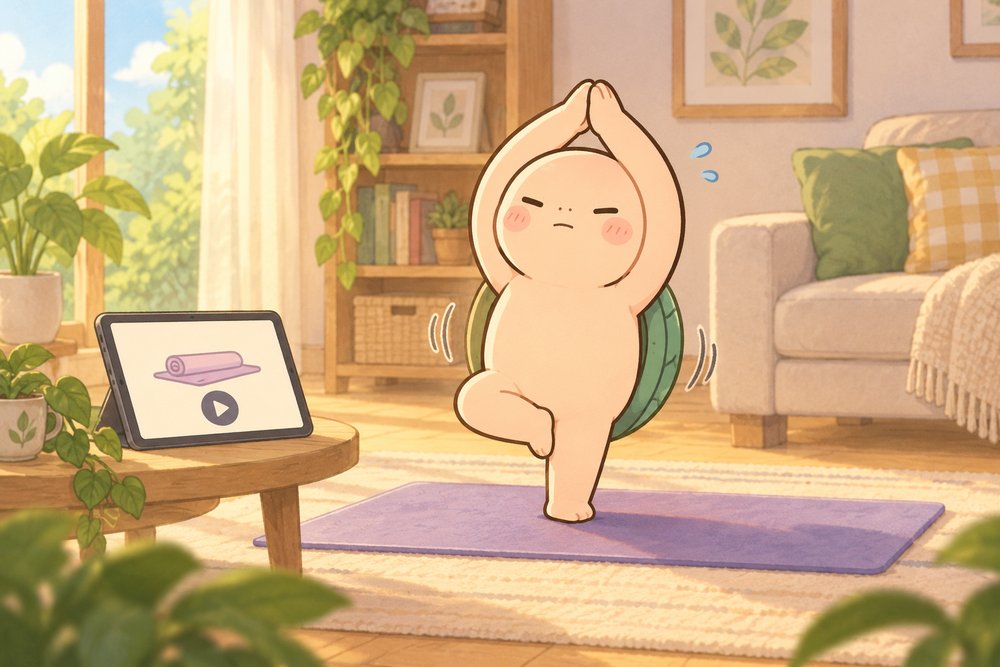 タブレットを見ながら木のポーズでぐらつくナビ助