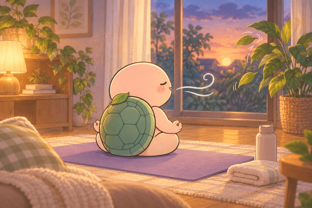 夕方の窓辺であぐらで深呼吸するナビ助