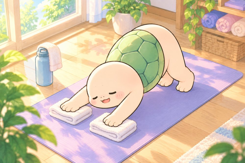 タオルを敷いてゆったりポーズをするカメのナビ助