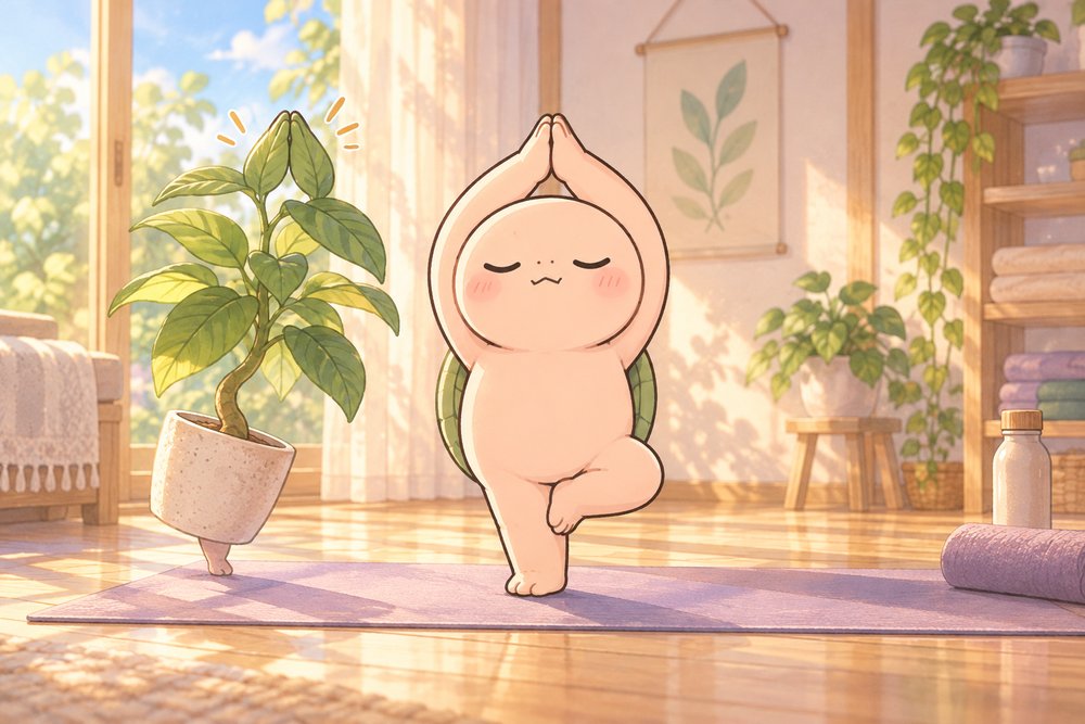 木のポーズでバランスをとるナビ助