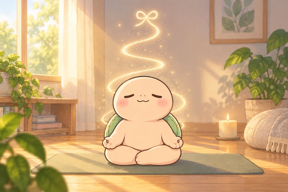 光のうずまきをまとって静かにあぐらで座るカメのナビ助