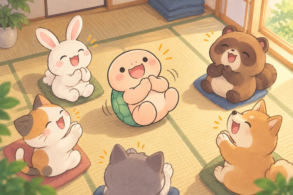 仲間と輪になって笑いヨガをするカメのナビ助