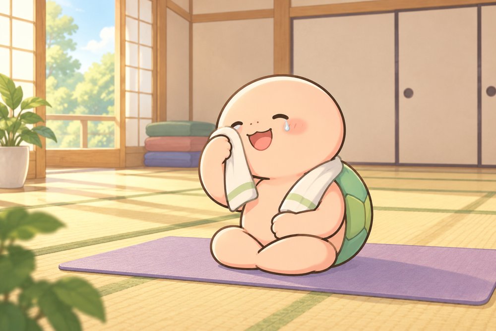 笑いヨガのあとにひと息つくカメのナビ助