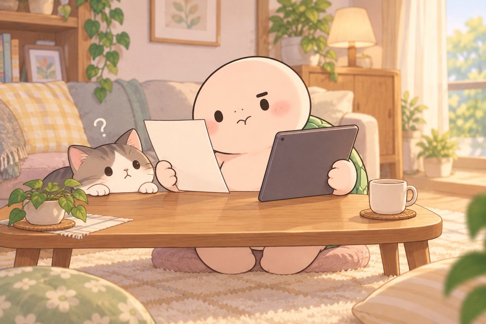 タブレットとチラシで教室を探すカメのナビ助