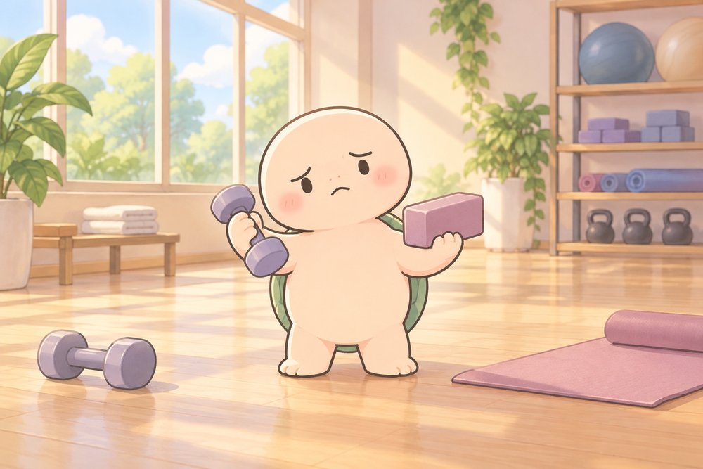 ダンベルとヨガブロックを持って迷うカメのナビ助