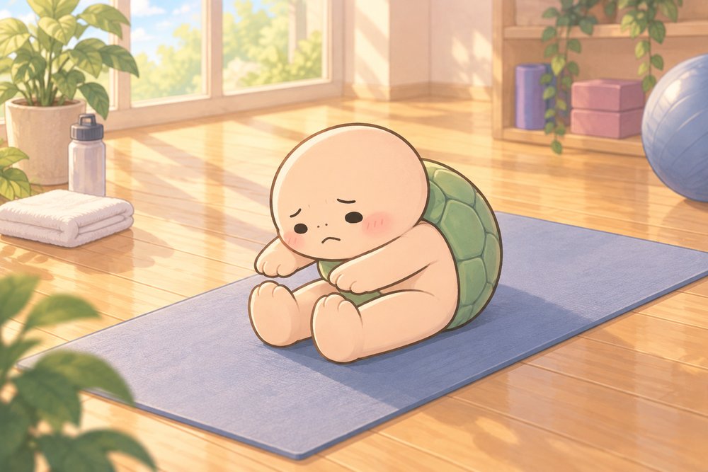 座って前屈しても足先に届かないカメのナビ助
