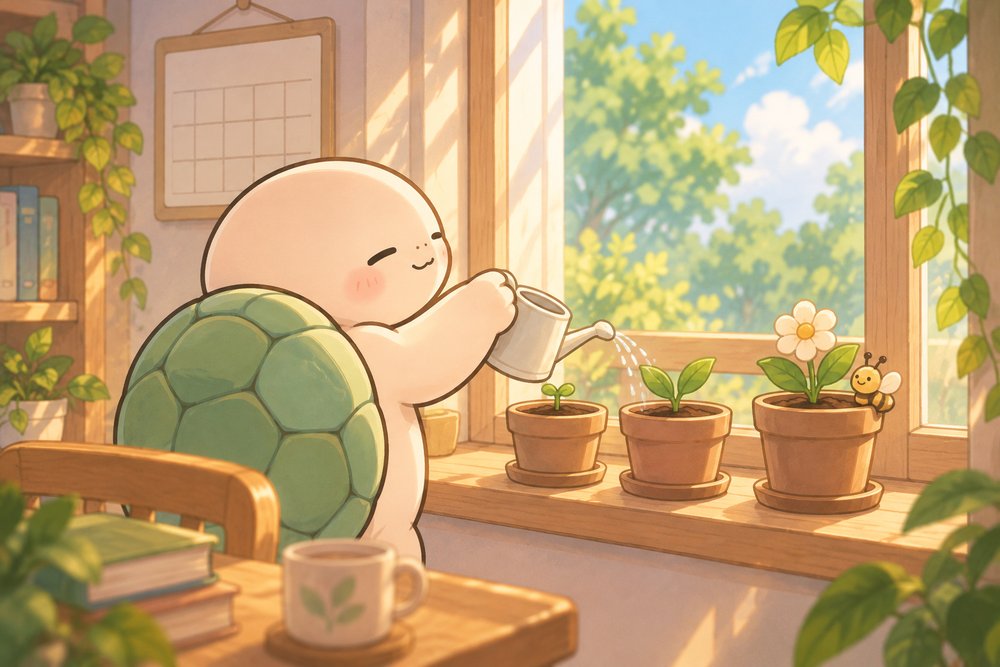 窓辺の植木鉢に水をやって成長を見守るカメのナビ助