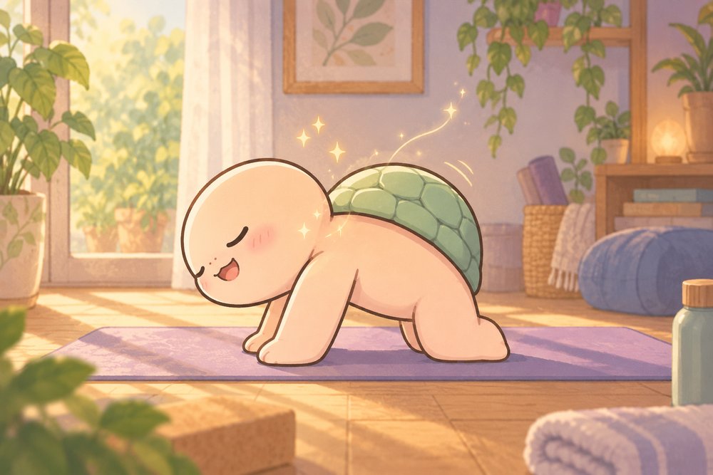 四つんばいで背中を丸めるヨガをするナビ助
