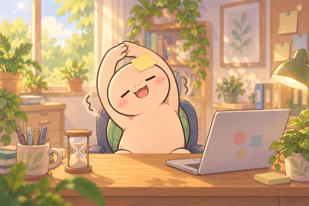 デスクの椅子で大きく伸びをするナビ助