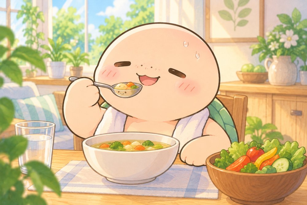 ヨガのあとに軽い食事を味わうカメのナビ助