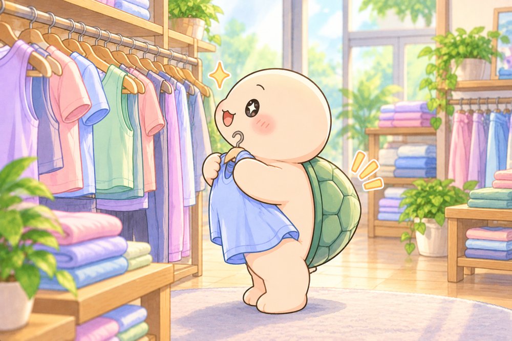 洋服屋さんでヨガウェアを選ぶカメのナビ助