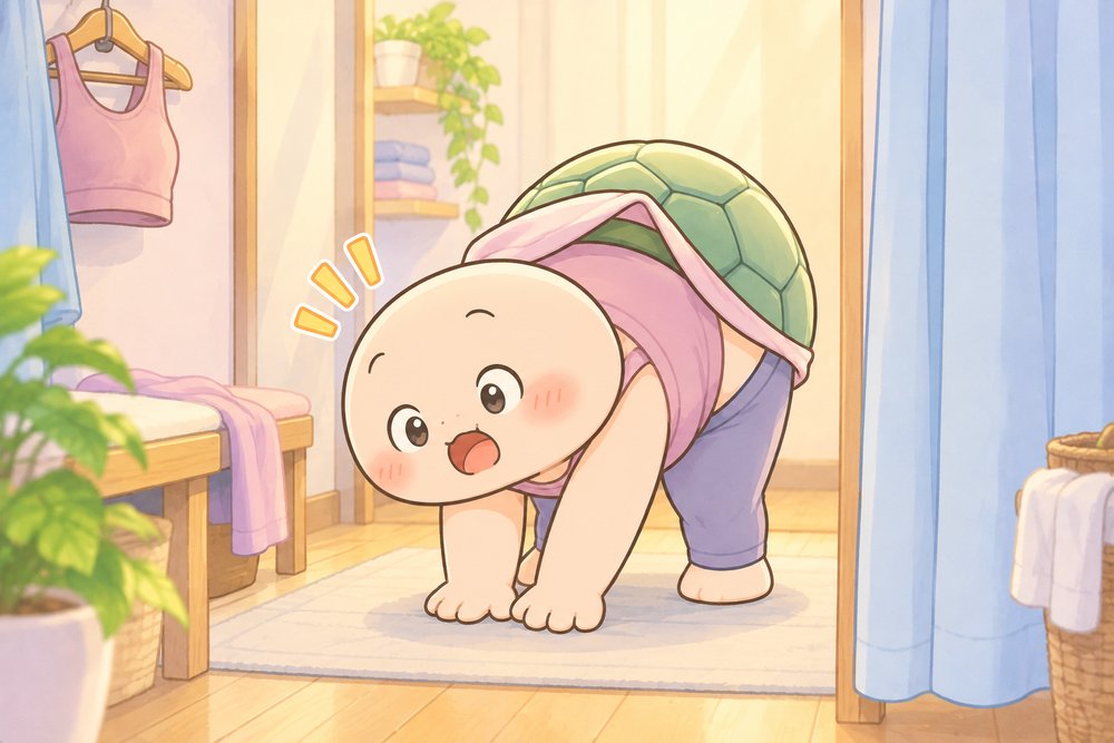 試着室で前屈してサイズを確かめるカメのナビ助