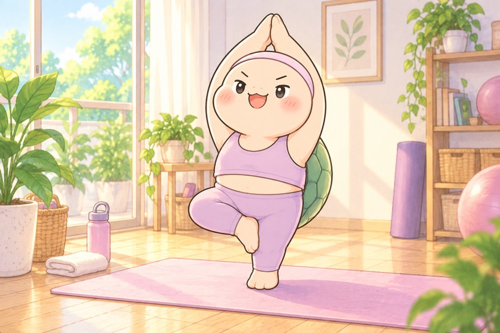 おそろいのヨガウェアで木のポーズをするカメのナビ助