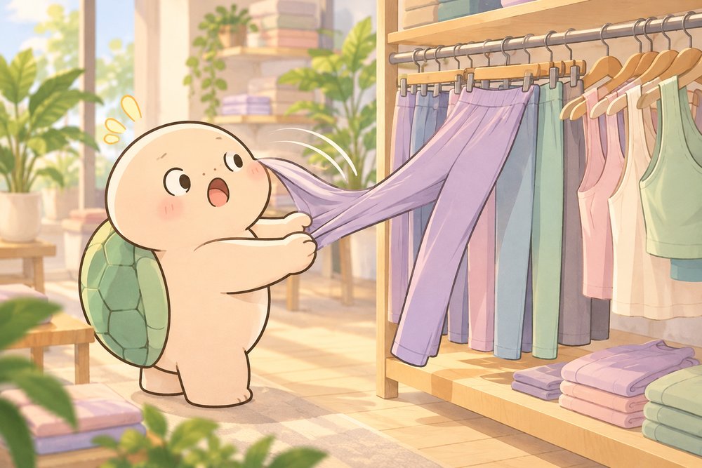 お店でヨガウェアの伸びを確かめるナビ助
