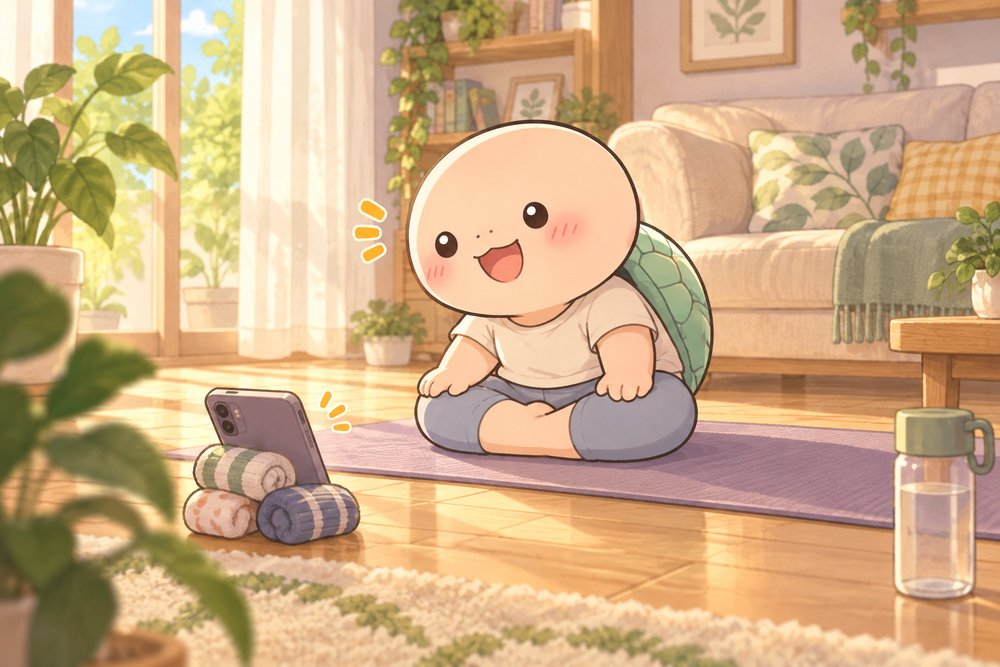 スマホのヨガアプリでストレッチを始めるナビ助
