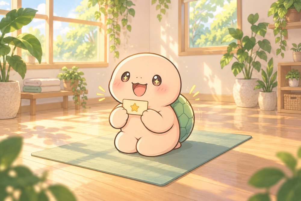 体験レッスンのチケットを持ってわくわくするナビ助
