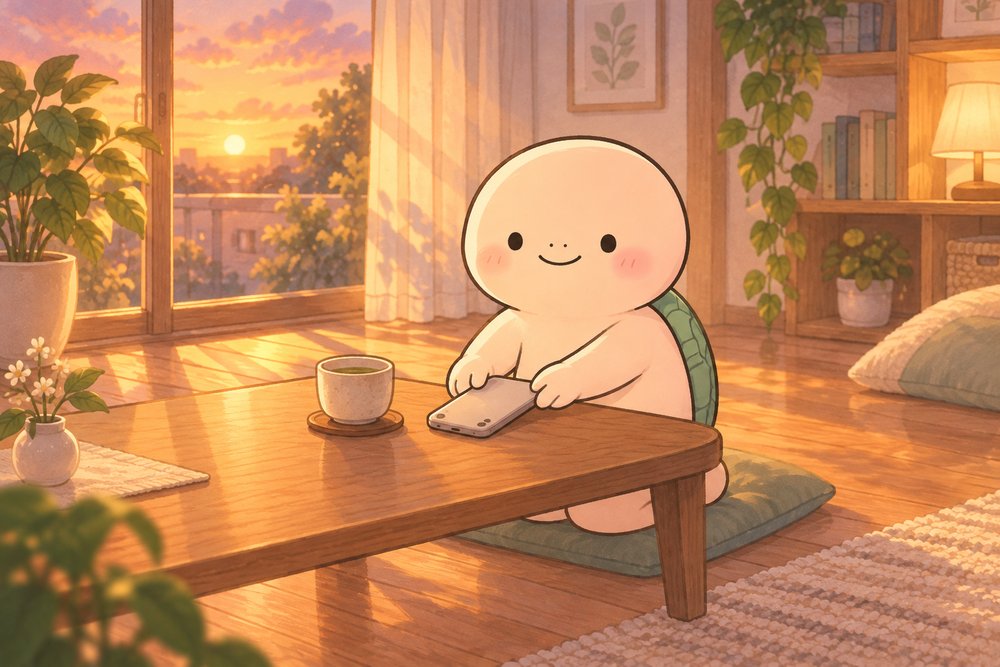 夕方にスマホを伏せて置く亀のナビ助