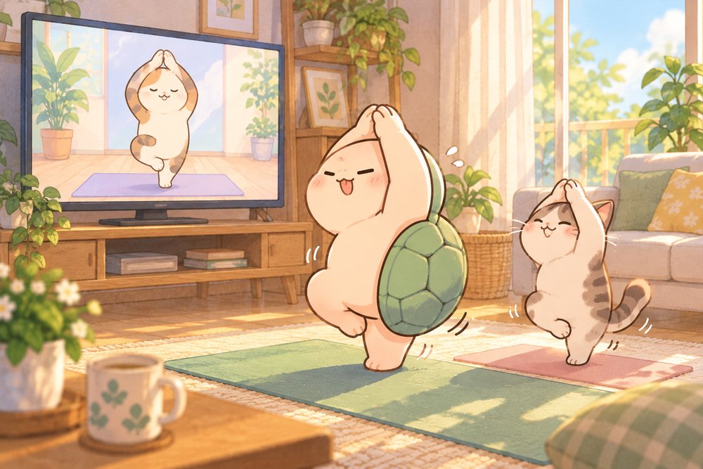テレビのヨガ動画を見ながら木のポーズをするカメのナビ助