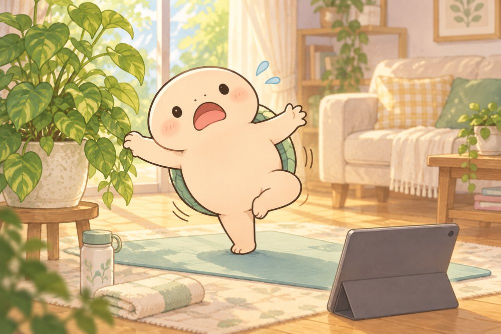木のポーズで甲羅が重くてぐらつくカメのナビ助