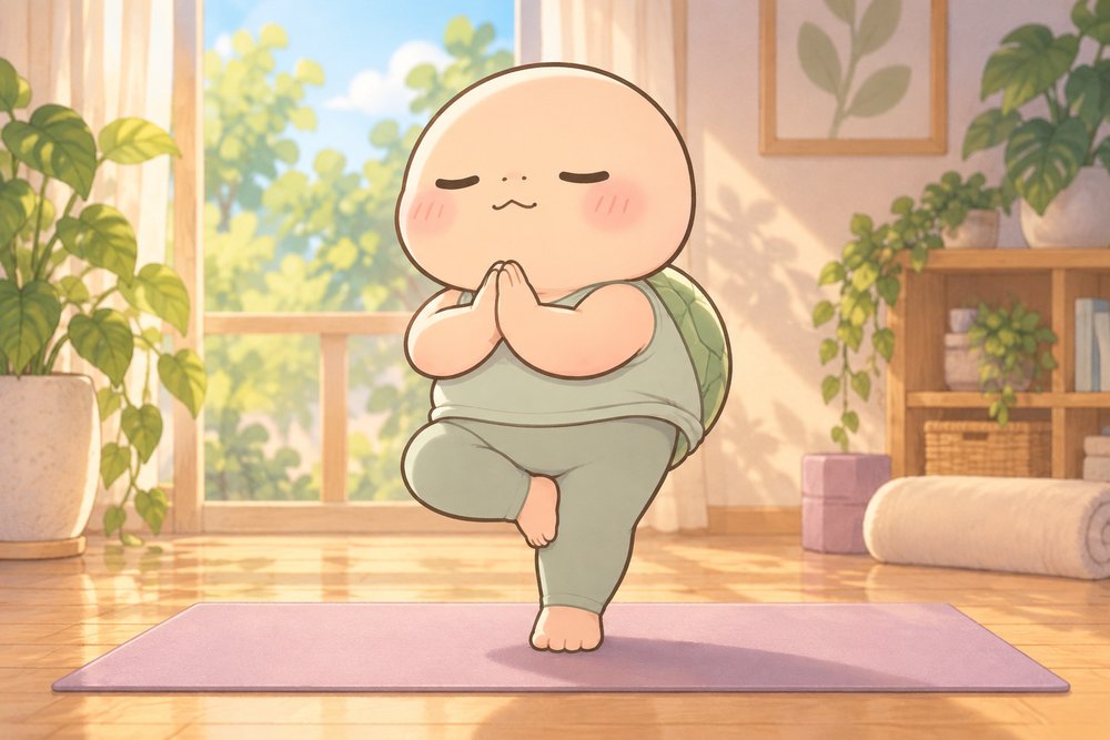 伸縮性のあるヨガウェアで木のポーズをするナビ助