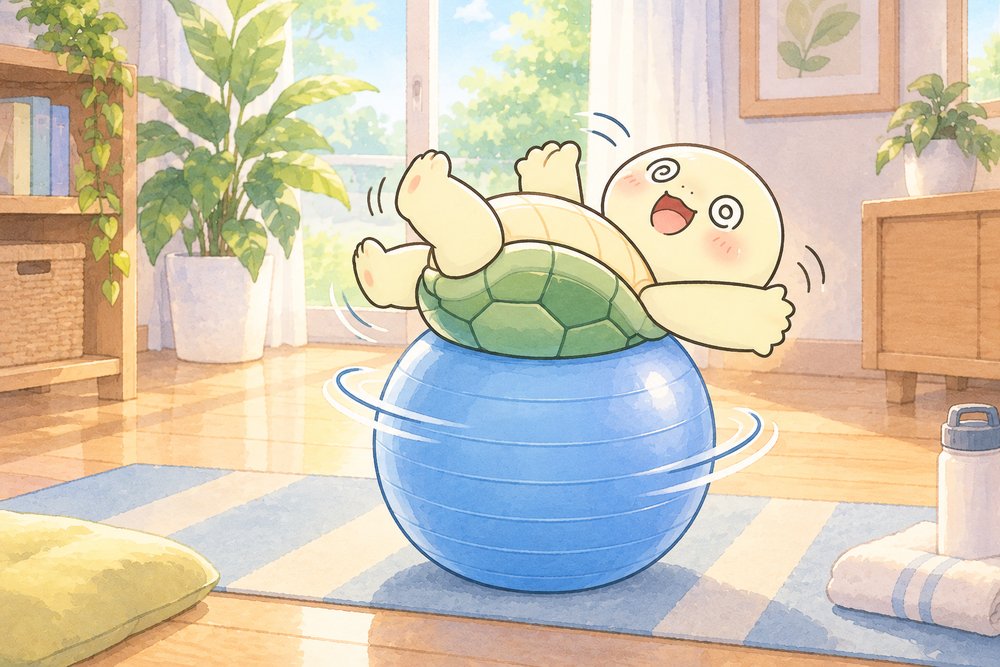 バランスボールの上でくるくる回ってしまうカメのナビ助