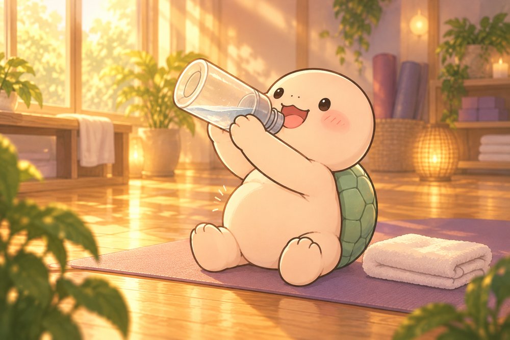 ヨガのあとに水筒の水をごくごく飲むカメのナビ助