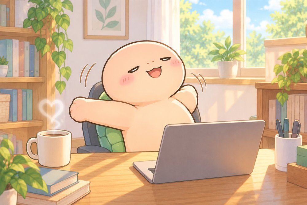 仕事前に肩をほぐすカメのナビ助