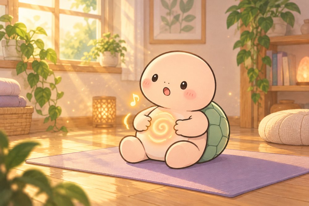 おなかをなでて光のうずまきを感じるカメのナビ助