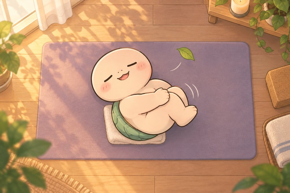 ねじりのポーズでごろんとゆるむカメのナビ助